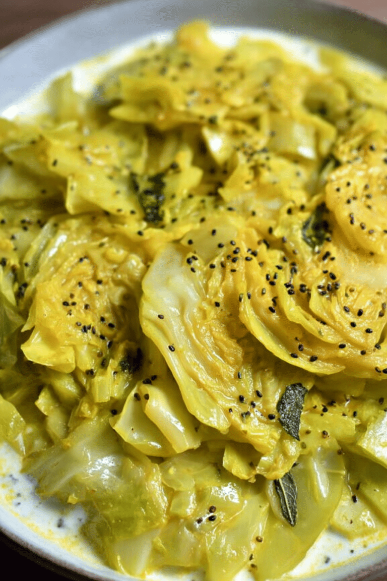 A colorful bowl of cabbage in mild yogurt and mustard seed curry, garnished with herbs, on a rustic wooden table.