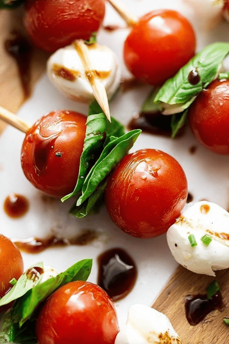 Caprese skewers with cherry tomatoes, mozzarella, and basil on a wooden platter with balsamic drizzle.