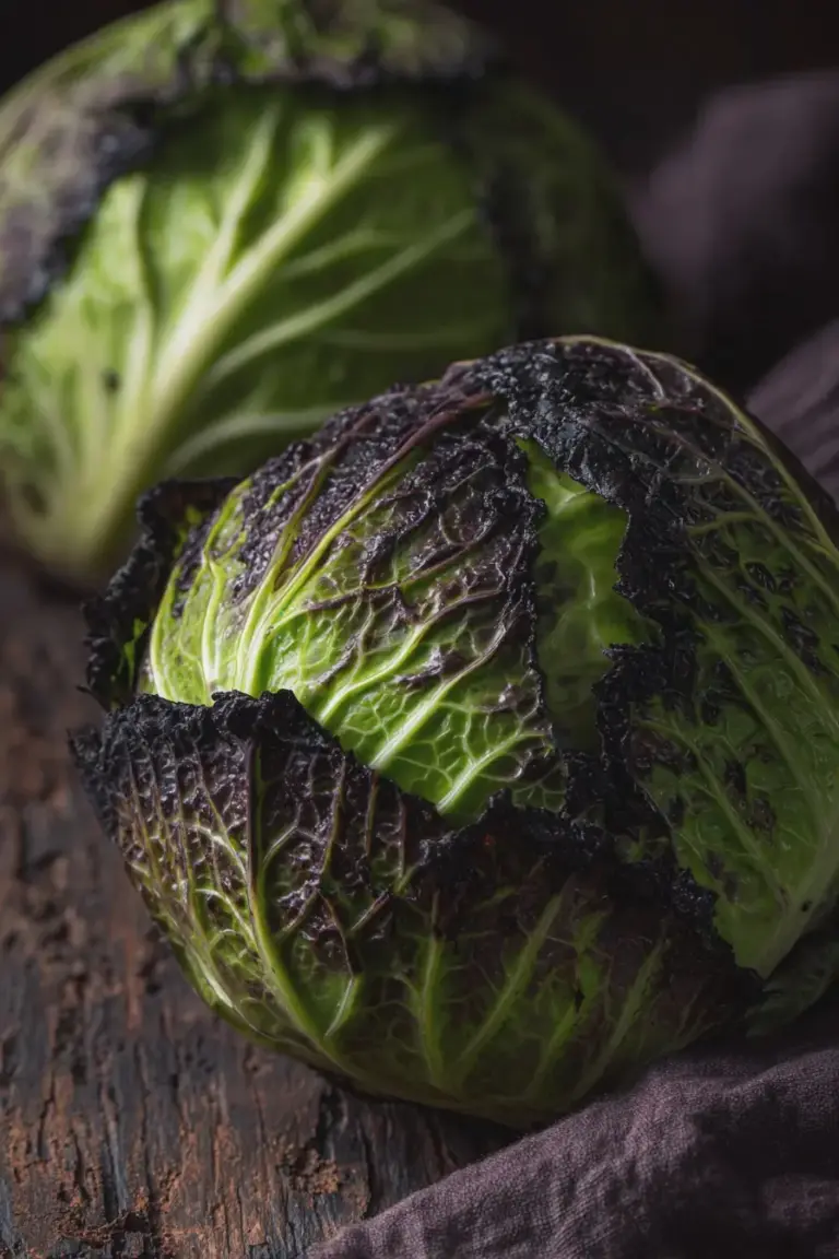 Charred purple cabbage drizzled with olive oil, perfect for a side dish with balsamic vinegar.