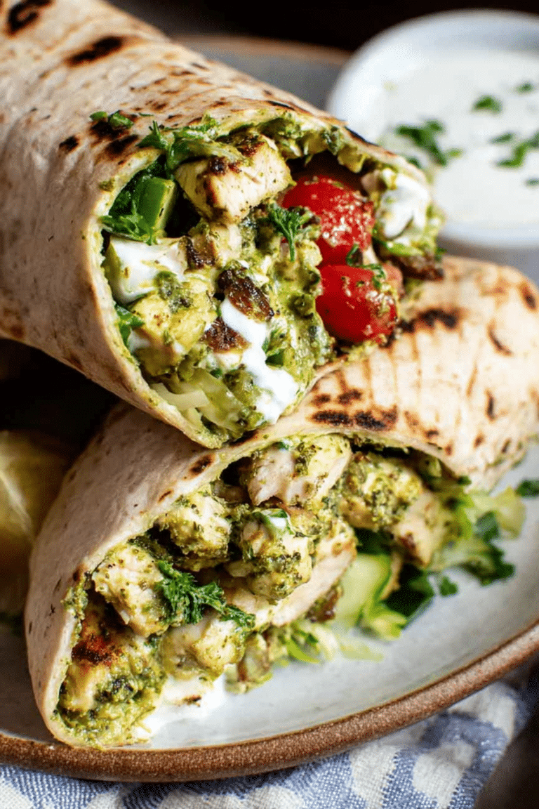 Delicious chicken pesto wraps filled with fresh ingredients, showcasing vibrant colors and textures on a wooden table.