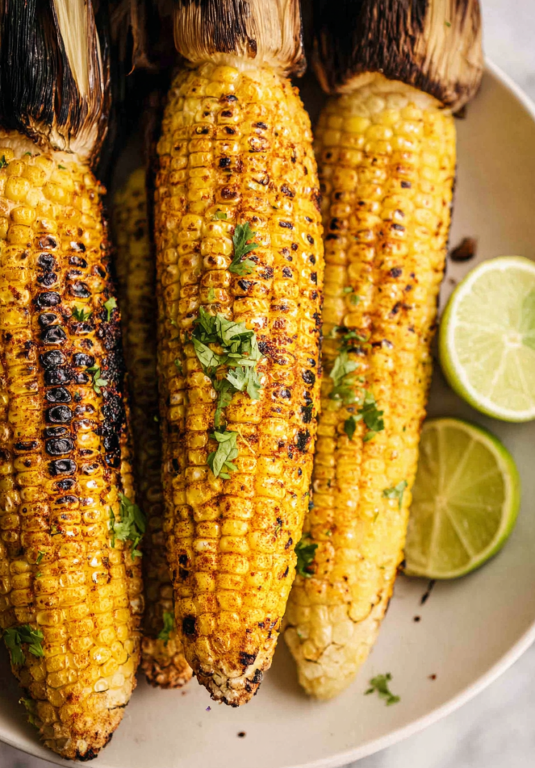 Chili lime grilled corn on the cob with cilantro and lime slices on a wooden table.