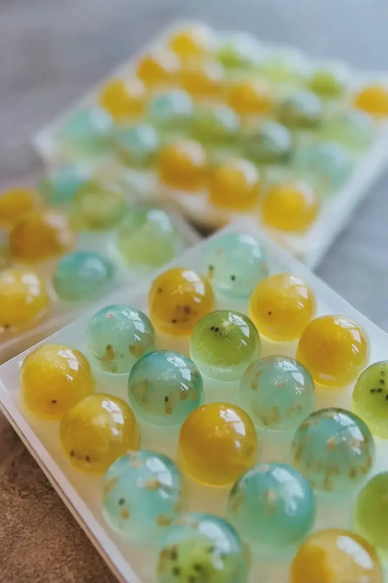 Colorful fruit jelly dessert made with agar-agar featuring assorted chopped fruits, served in a clear bowl.