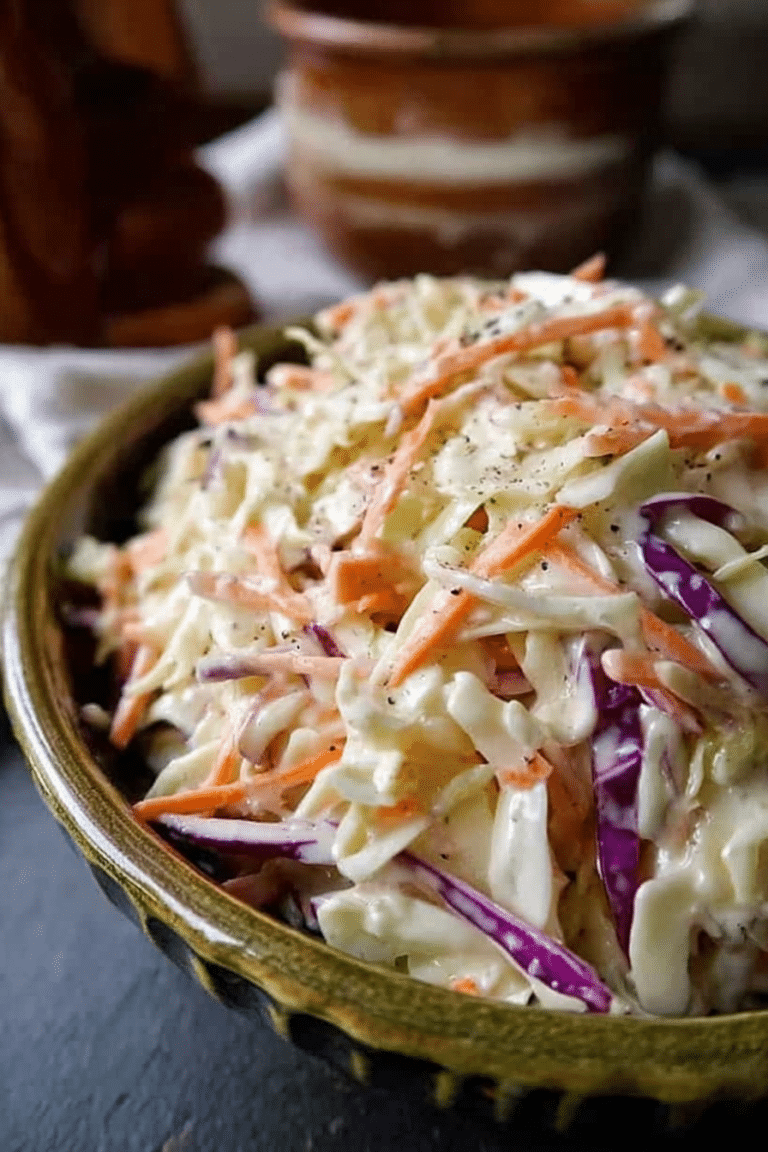 Close-up of old-fashioned creamy coleslaw in a wooden bowl with parsley garnish.