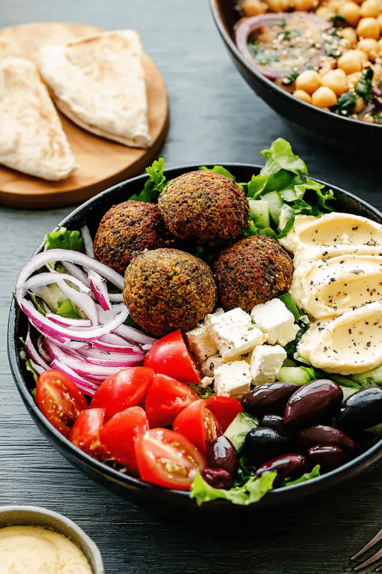 A vibrant falafel salad bowl with mixed greens, cherry tomatoes, falafels, feta cheese, and mustard hummus.