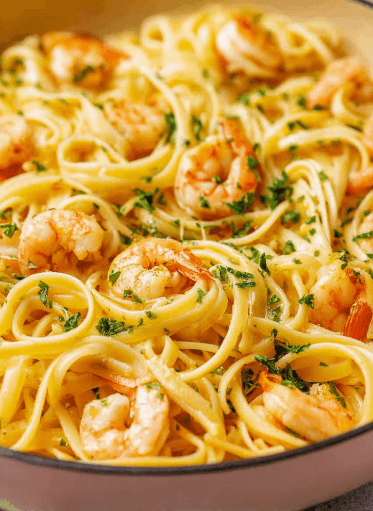 Plate of garlic butter shrimp pasta with lemon and parsley garnish