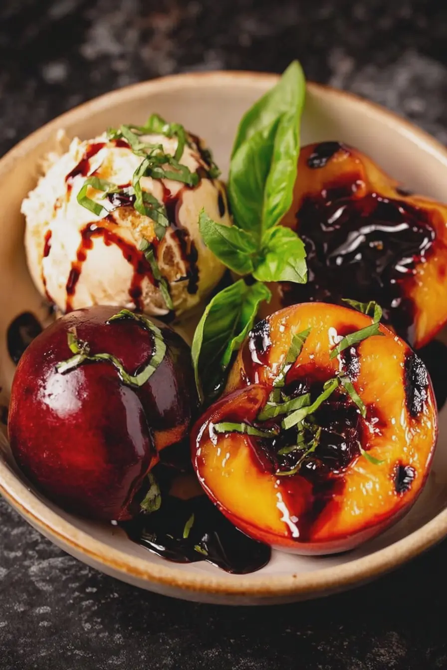 Delicious grilled peaches drizzled with cherry balsamic glaze and garnished with fresh basil.