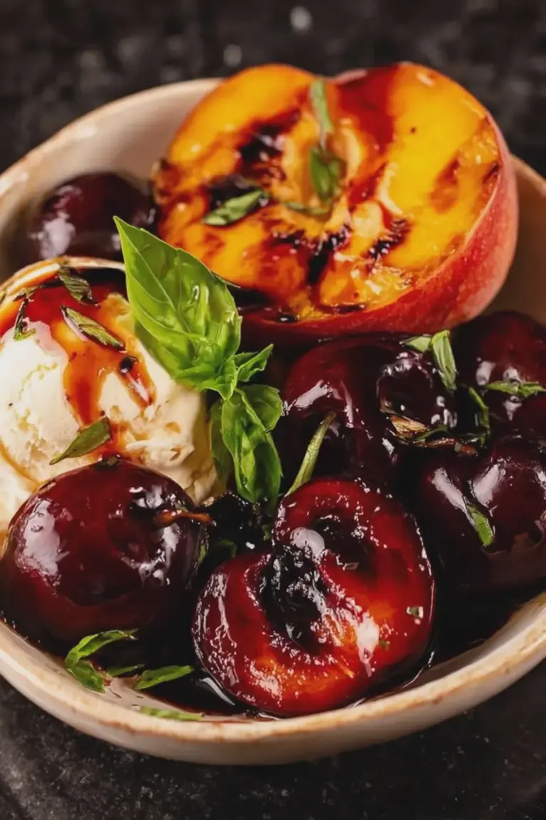 Close-up of grilled peaches topped with cherry balsamic glaze and fresh basil, served on a rustic wooden table.