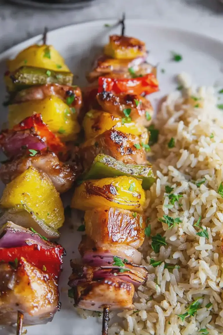 Grilled pineapple chicken kabobs served on a platter, garnished with herbs and vibrant vegetables.
