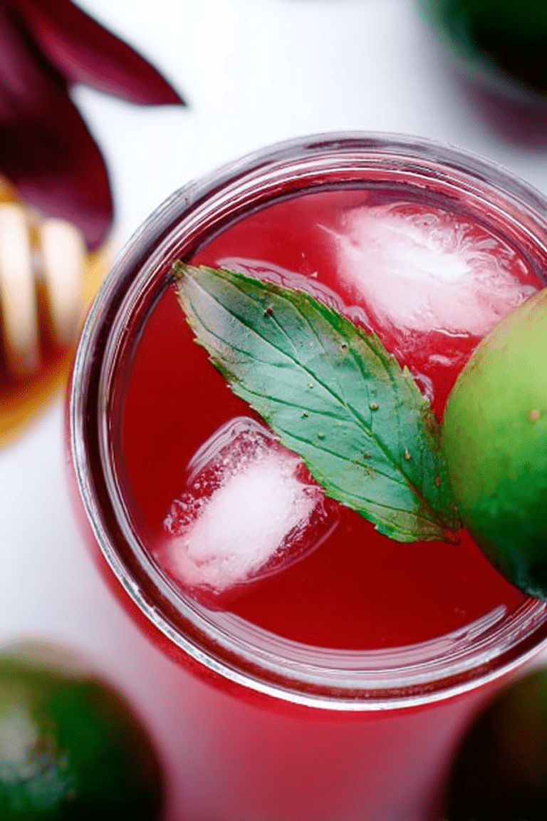 Glass of hibiscus lime iced tea with lime slices and mint, perfect for summer.