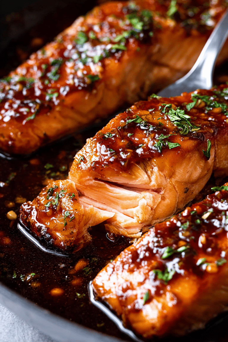 Honey garlic glazed salmon filet on a plate with asparagus and lemon, garnished with parsley.