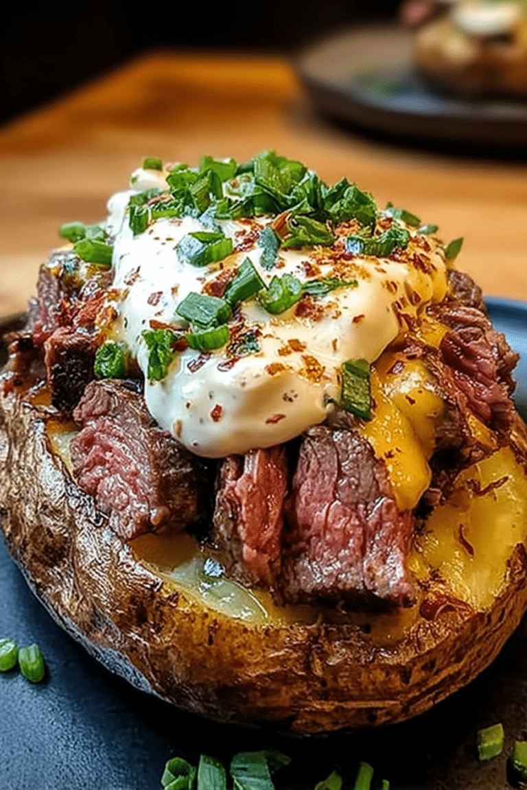 Delicious loaded steak potatoes garnished with creamy sauce, parsley, and lemon on a wooden table.