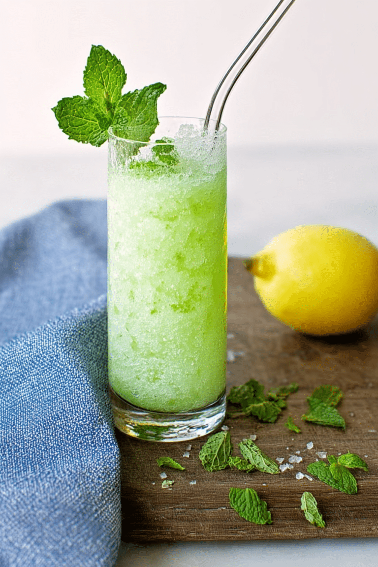 Refreshing mint lemonade slushie with mint leaves and lemon slice