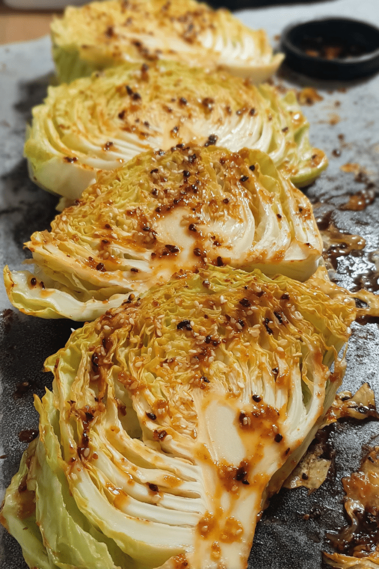 Plated spicy baked cabbage with herbs and sauce, highlighting the vibrant and spicy flavors of the dish