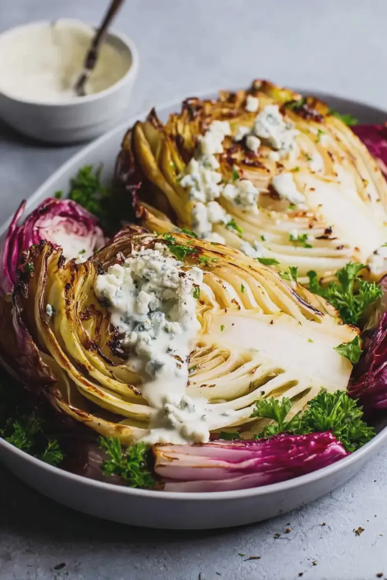 Roasted cabbage wedge topped with blue cheese sauce and fresh parsley, served on a wooden table.