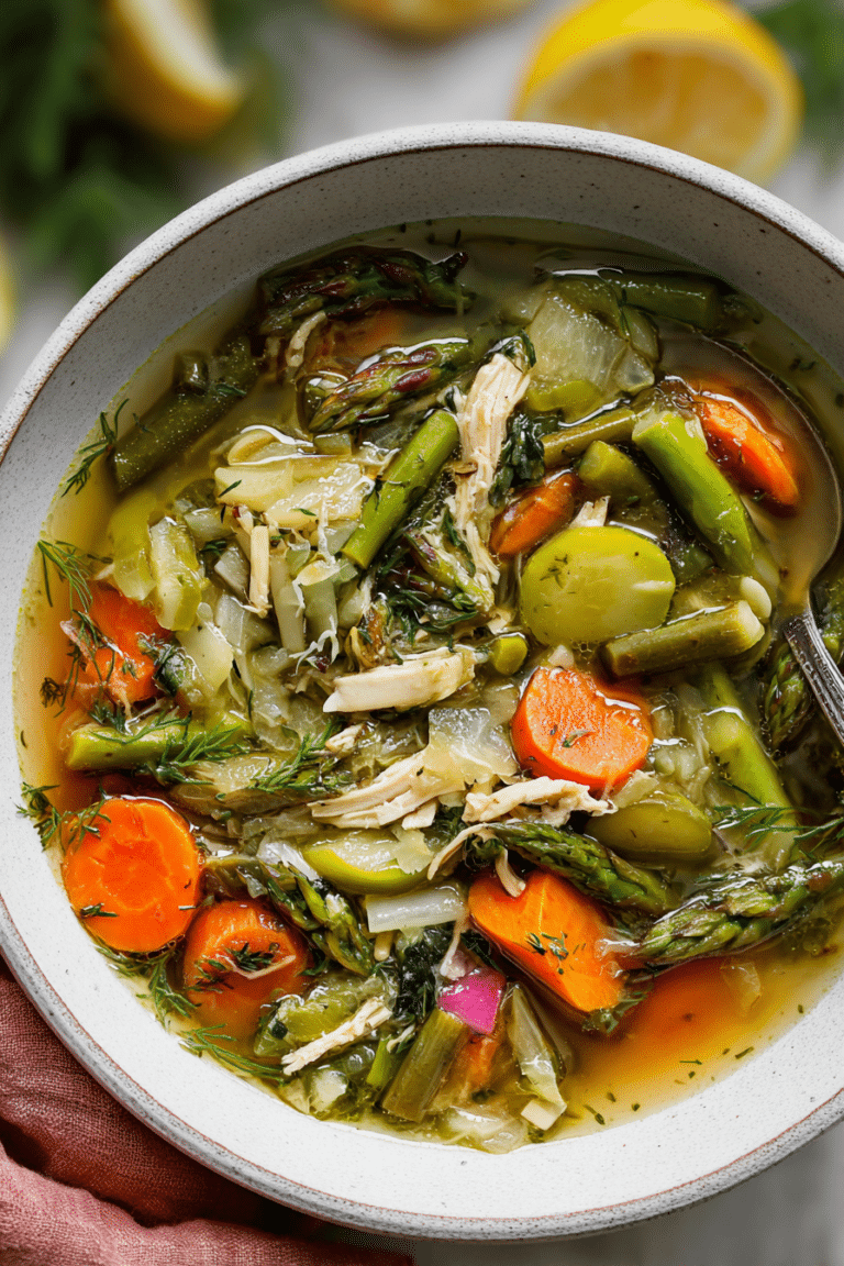 Bowl of spring vegetable soup with assorted fresh vegetables and a lemon wedge