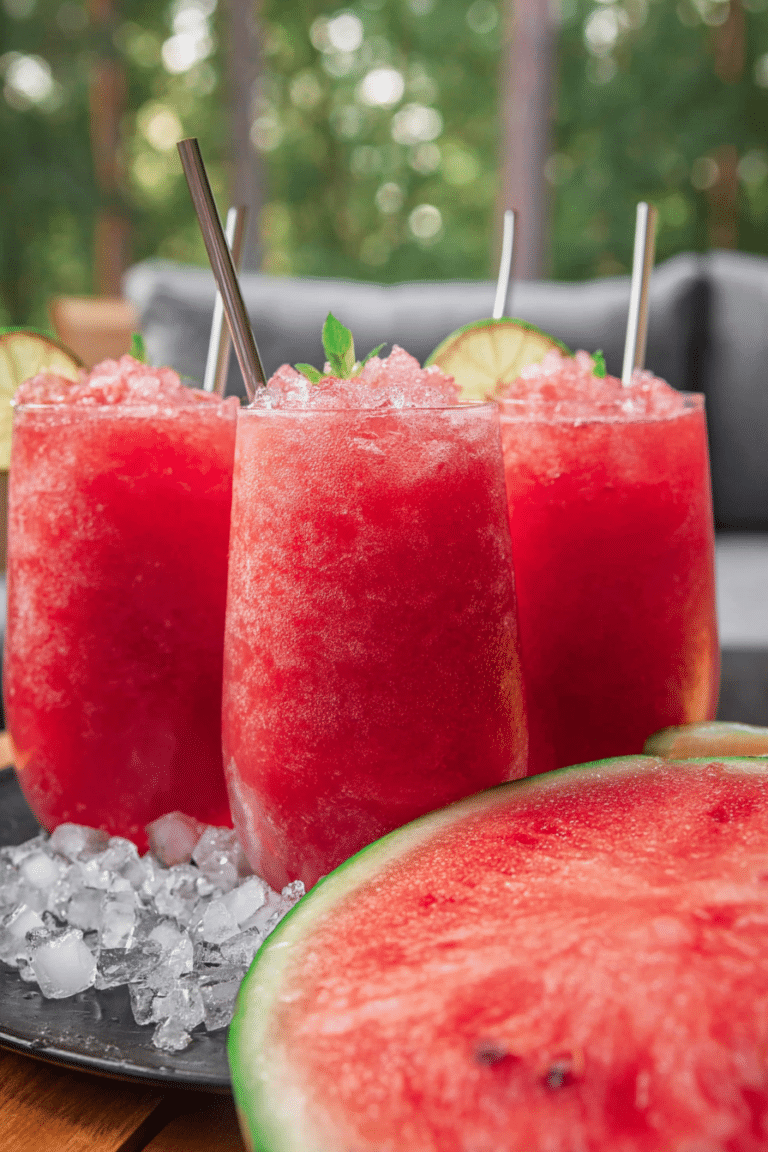 Refreshing watermelon slushie in a glass with mint leaves and lime slices on a picnic blanket